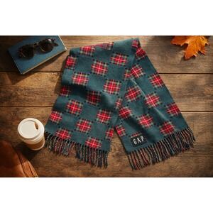 Vintage 90s Gap Wool Scarf Green Plaid Checkered Made in Italy 165701-30-1